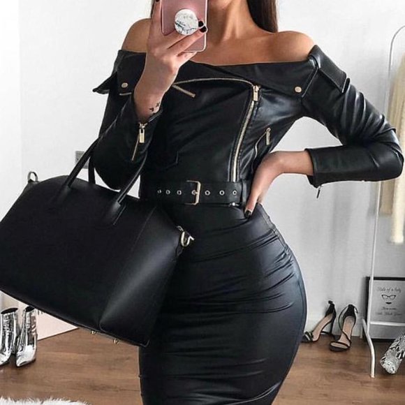 Monarch Fashion Dresses & Skirts - Black Off Shoulder Zipper Faux Leather Midi Dress